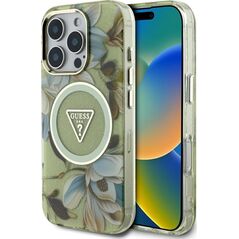 Etui Guess Glitter Flowers Triangle       Buttons MagSafe do iPhone 16 Pro zielony