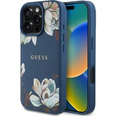 Etui Guess Grained Printed Flower         Pattern MagSafe do iPhone 16 Pro niebieski
