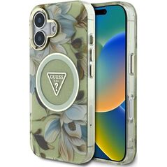 Etui Guess Glitter Flowers Triangle       Buttons MagSafe do iPhone 16 zielony