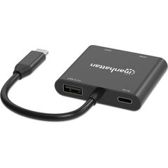 MANHATTAN USB-C auf Dual-Monitor-Adapter zwei HDMI bis 4K60Hz USB-A 480 Mbit/s und USB Power Delivery 100W Ports Aluminium schwarz