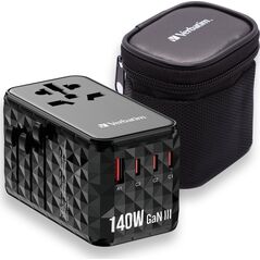 Adapter USB Verbatim Verbatim Adapter podróżny EU/UK/US GaN USB-A/3xUSB-C PD 140W UTA-10 czarny/black 32125
