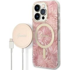 Guess Zestaw Guess GUBPP14LHJEACSP Case+ Charger iPhone 14 Pro 6,1" różowy/pink hard case Jungle MagSafe NoSize