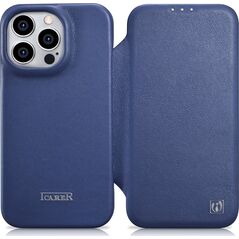 iCarer iCarer CE Premium Leather Folio Case skórzane etui iPhone 14 Pro Max z klapką magnetyczne MagSafe niebieski (WMI14220716-BU)