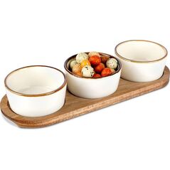 Excellent Houseware Zestaw porcelanowych miseczek do serwowania, akacjowa podstawka