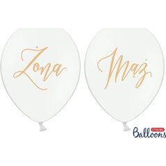 Party Deco Balony ślubne, Żona Mąż, białe ze złotym nadrukiem, 30 cm, 6 szt. uniwersalny