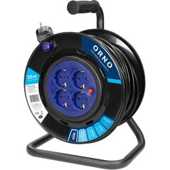 Przedłużacz bębnowy, 4 gniazda 2P+Z Schuko, kabel PVC H05VV-F 3x1,5mm2, długość 25m, stałe gniazda, termik, przesłony torów prąd