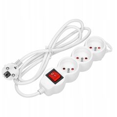 Przedłużacz 3-krotny 2P+Z, z wyłącznikiem, 3m H05VV-F 3x1,5mm2, Imax=16A, płaska wtyczka, biały