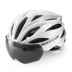 Kask rowerowy Rockbros z szybką, odpinane okulary z ochroną UV, unisex, błyszczący - biały