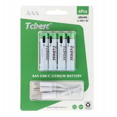 TCBEST bateria akumulatorowa R3 (AAA) 180 mAh z gniazdem Typ C + kabel USB A do 4 x Typ C 4 szt