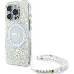 Guess Guess GUHMP16LHCPOFPH iPhone 16 Pro 6.3" biały/white hardcase IML Flowers Allover Electro With Pearl Strap MagSafe