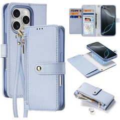 Etui skórzane do iPhone 16 Pro Dux Ducis Lawa z portfelem MagSafe błękitne
