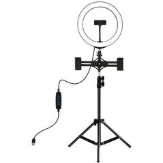 LED žiedinė lempa 26cm, su trikoju stovu iki 1.1m ir 3 telefono laikikliais, USB
