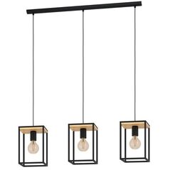 Pendant lamp EGLO LIBERTAD, 3xE27, 70W, black/wood color, 18x88x110cm