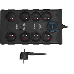 Solight přepěťová ochrana, 8z, USB A+CA, 2m, černá