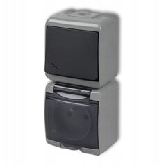 Διακόπτης σκάλας με στεγανή πρίζα Karlik Junior 30WGHP-3DP επιφανειακής τοποθέτησης με γείωση IP54 με καλύμματα MIX κάθετος διαφανές καπάκι γκρι/ανθρακί