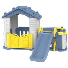 Duży Domek ogrodowy 5w1 dla dzieci + Zjeżdżalnia + Koszykówka + Ogródek + Stolik + 2 Krzesełka Niebieski Dach EDUKAMP