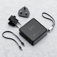 Πολυλειτουργικός φορτιστής Forcell F-Energy 6 σε 1 USB A + USB C PD 45W + power bank 15000 mAh + ασύρματη φόρτιση 15W μαύρη