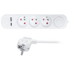 Solight 3z επέκταση με φορτιστή USB A+C 2.4A, 2m, 3 x 1mm2, λευκό, διακόπτης