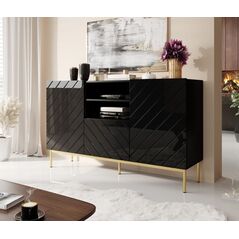 Cama Meble Komoda ABETO na złotym stelażu ze stali 150x42x90 czarny/czarny połysk