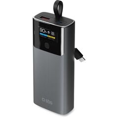 Powerbank SBS 10000mAh PD 20W z wyświetlaczem LCD i wbudowanym kablem USB-C - szary