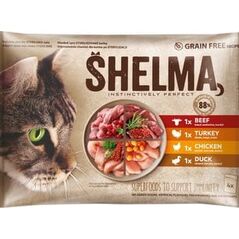 Shelma 4-pack bezzbożowych filecików dla kotów dorosłych. Bogate wołowinę z pomidorami, rozmarynem i tymiankiem w sosie, bogate