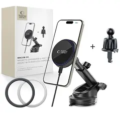 Uchwyt samochodowy na kokpit / szybę / do kratki z ładowarką 15W + 2x blaszki magnetyczne Tech-Protect MM15W-V4 Magnetic MagSafe Dashboard & Vent Car Mount Wireless Charger 15W Black