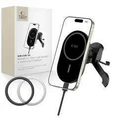 Uchwyt samochodowy do kratki z ładowarką 15W + 2x blaszki magnetyczne Tech-Protect MM15W-V6 Magnetic MagSafe Stable Vent Car Mount Wireless Charger 15W Black