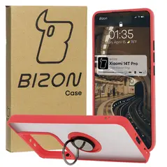 Etui z uchwytem na palec Bizon Case Hybrid Ring do Xiaomi 14T Pro przydymione z czerwoną ramką