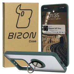 Etui z uchwytem na palec Bizon Case Hybrid Ring do Xiaomi 14T Pro przydymione z ciemnozieloną ramką