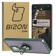 Etui z uchwytem na palec Bizon Case Hybrid Ring do Samsung Galaxy S25 Ultra przydymione z ciemnozieloną ramką