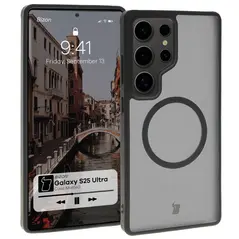 Etui z pierścieniem magnetycznym Bizon Case MatteO do Samsung Galaxy S25 Ultra półprzezroczyste z czarną ramką