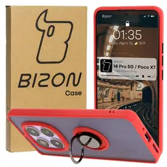 Etui z uchwytem na palec Bizon Case Hybrid Ring do Xiaomi Redmi Note 14 Pro 5G / Poco X7 przydymione z czerwoną ramką
