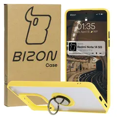 Etui z uchwytem na palec Bizon Case Hybrid Ring do Xiaomi Redmi Note 14 5G przydymione z żółtą ramką