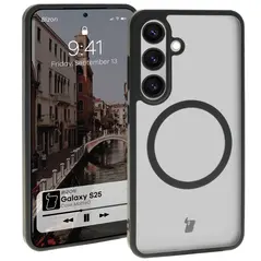 Etui z pierścieniem magnetycznym Bizon Case MatteO do Samsung Galaxy S25 półprzezroczyste z czarną ramką