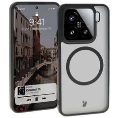 Etui z pierścieniem magnetycznym Bizon Case MatteO do Xiaomi 15 półprzezroczyste z czarną ramką