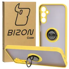 Etui z uchwytem na palec Bizon Case Hybrid Ring do Samsung Galaxy M14 5G przydymione z żółtą ramką