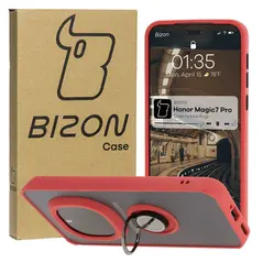 Etui z uchwytem na palec Bizon Case Hybrid Ring do Honor Magic7 Pro przydymione z czerwoną ramką
