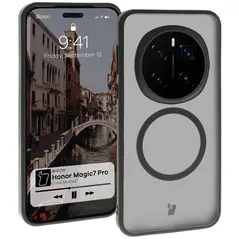 Etui z pierścieniem magnetycznym Bizon Case MatteO do Honor Magic7 Pro półprzezroczyste z czarną ramką