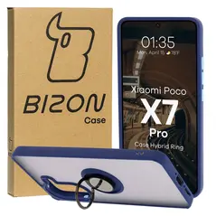 Etui z uchwytem na palec Bizon Case Hybrid Ring do Xiaomi Poco X7 Pro przydymione z granatową ramką