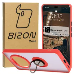 Etui z uchwytem na palec Bizon Case Hybrid Ring do Honor Magic7 Lite przydymione z czerwoną ramką