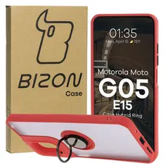 Etui z uchwytem na palec Bizon Case Hybrid Ring do Motorola Moto G05 / E15 przydymione z czerwoną ramką