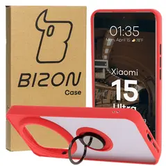 Etui z uchwytem na palec Bizon Case Hybrid Ring do Xiaomi 15 Ultra przydymione z czerwoną ramką