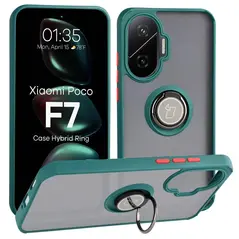 Etui z uchwytem na palec Bizon Case Hybrid Ring do Xiaomi POCO F7 przydymione z ciemnozieloną ramką