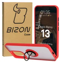 Etui z uchwytem na palec Bizon Case Hybrid Ring do Oppo Reno13 przydymione z czerwoną ramką
