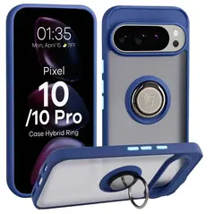 Etui z uchwytem na palec Bizon Case Hybrid Ring do Google Pixel 10 / 10 Pro przydymione z granatową ramką