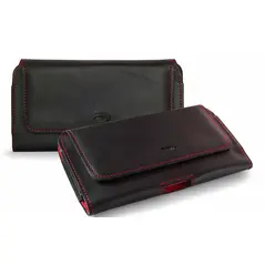Skórzana kabura LURESKO FREYA XL do paska etui na telefon 165x82x10mm (czarny gładki czerwona nić czerwony środek)