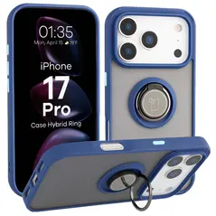 Etui z uchwytem na palec Bizon Case Hybrid Ring do Apple iPhone 17 Pro przydymione z granatową ramką