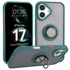 Etui z uchwytem na palec Bizon Case Hybrid Ring do Apple iPhone 17 przydymione z ciemnozieloną ramką