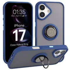 Etui z uchwytem na palec Bizon Case Hybrid Ring do Apple iPhone 17 przydymione z granatową ramką