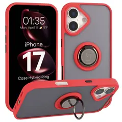 Etui z uchwytem na palec Bizon Case Hybrid Ring do Apple iPhone 17 przydymione z czerwoną ramką